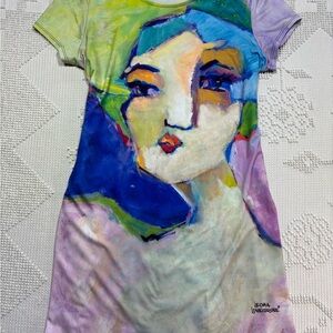 Artistic Multicolor Leoma Lovegrove Midi Dress - Painterly Portrait Print